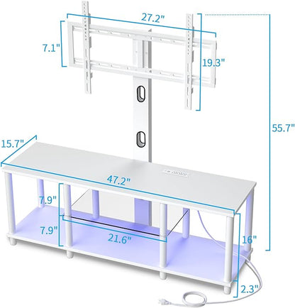 TV Stand with Mount and Led Light，White TV Stand with Power Outlets for 32/40/43/50/55/60/65/70 Inch TV,Entertainment Center with Open Storage Shelf for Bedroom/Living Room/Office