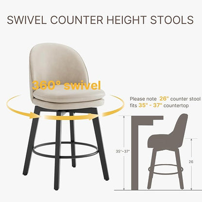 Counter Height Barstools 26 inch Upholstered Swivel Bar Stools with Back and Wood Legs for Kitchen Island,Set of 3,Beige PU Leather-Armless
