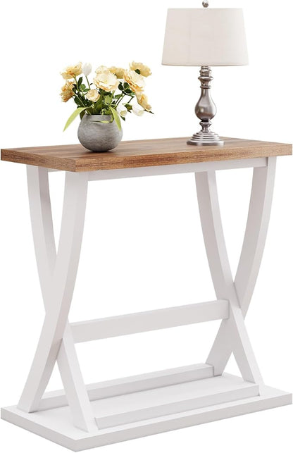 ChooChoo Farmhouse End Table, Narrow Side Table with Storage Shelf, Modern X-Design Slim End Table for Living Room,Bedroom, Small Space, 11.8" D*23.6" W*23.4" D