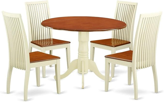 East West Furniture DLIP5-BMK-W 5 Piece Dining Room Table Set Includes a Round Kitchen Table with Dropleaf and 4 Dining Chairs, 42x42 Inch, Buttermilk & Cherry