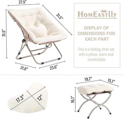 Saucer Chair with Ottoman, Comfy Oversized Folding Chair, Faux-Fur Reading Chair for Adults, Foldable Accent Lazy Chair, Metal Frame Lounge Chair for Living Room, Bedroom, Beige