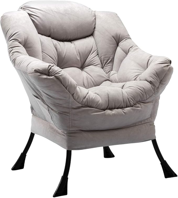 HollyHOME Modern Large Cotton Fabric Lazy Chair，Accent Contemporary Lounge Chair, Single Steel Frame Leisure Sofa Chair with Armrests and A Side Pocket, Grey