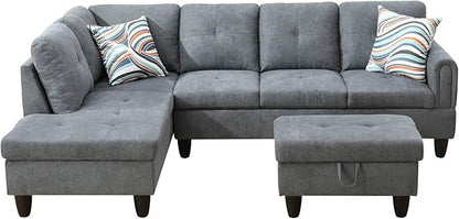 L Shaped Sectional Couch with Otttoman, 97" Sectional Sofa for Living Room Flannel Modular Couches with Cup Holders for Bedroom, Apartments, Grey