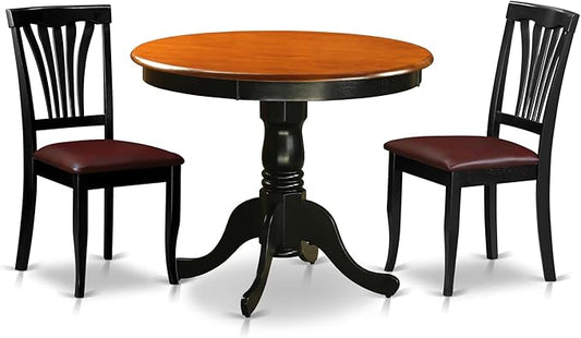 East West Furniture ANAV3-BLK-LC 3 Piece Dining Room Furniture Set Contains a Round Kitchen Table with Pedestal and 2 Faux Leather Upholstered Dining Chairs, 36x36 Inch, Black & Cherry