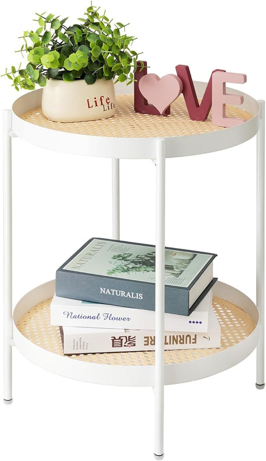 TeoKJ All Metal Side Table, 2 Tier Anti Rust End Table with Imitation Rattan Pattern on Removable Trays, Round Table for Living Room, Small Nightstand for Bedroom 20.47 Inch x 16.54 Inch Pearl White