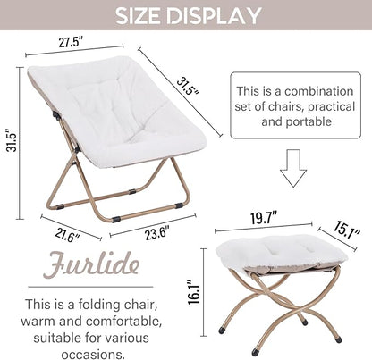 Saucer Chair with Ottoman, Comfy Bedroom & Living Room Chairs, Foldable Metal Frame Chair (White)