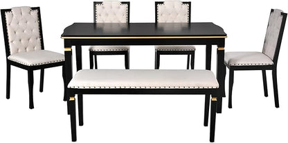 Merax 6-Piece Kitchen Dining Table Set, 62.7" Rectangular with 4 High-Back Tufted Chairs & 1 Bench for Kitchen Room, Black