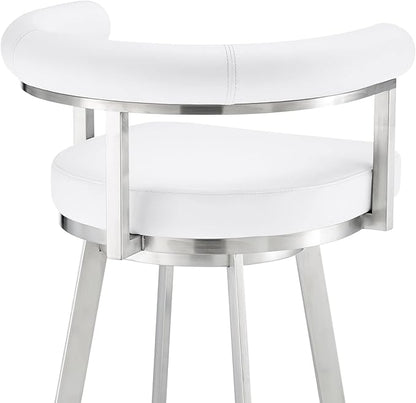 Armen Living Magnolia Swivel Bar Stool in Brushed Stainless Steel with White Faux Leather