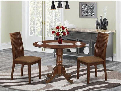 East West Furniture DLIP3-MAH-C 3 Piece Modern Dining Table Set Contains a Round Wooden Table with Dropleaf and 2 Linen Fabric Upholstered Dining Chairs, 42x42 Inch, Mahogany