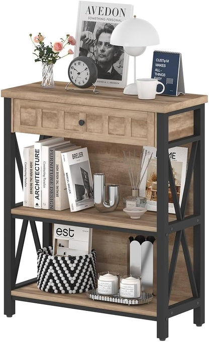 FATORRI Rustic Bookshelf with Drawer, Industrial Wood and Metal Bookcase, Small Short Book Shelf and Low Book case for Small Space (Rustic Oak)