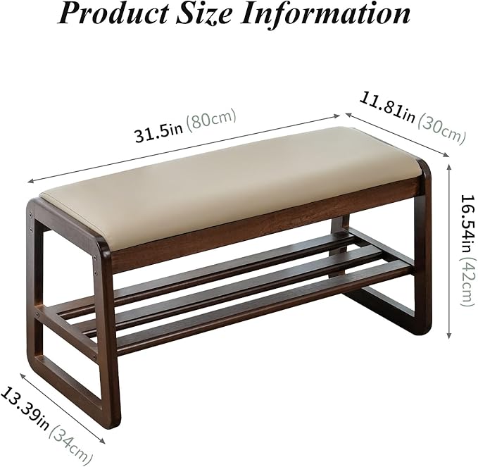 Shoe Bench, Entryway Bench with Leather Cushion, Solid Wood Shoe Rack, Mid Century Modern Bench, Shoe Storage, Shoe Organizer for Entryway (Grey, 31.5" W)