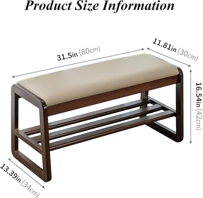 Shoe Bench, Entryway Bench with Leather Cushion, Solid Wood Shoe Rack, Mid Century Modern Bench, Shoe Storage, Shoe Organizer for Entryway (Grey, 31.5" W)