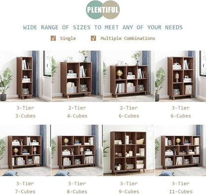 IOTXY Open Cube Low Bookcase - 3-Tier Freestanding Storage Display Cabinet Organizer with Legs for Home Office, 7-Cubes Open Shelf Short Bookshelf, Walnut