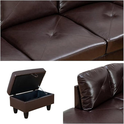 Modular Leather Sectional Couch, L Shaped Couch with Storage, Convertible Sofa with Ottomans, Modern Sectional Sofa for Living Room and Office, 5 Seat, Brown
