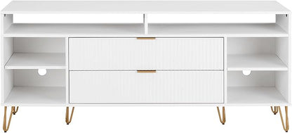Manhattan Comfort Dumbo Mid Century Modern TV Stand for Televisions up to 60 Inches, Home Entertainment Center with Storage, 6 Shelves, 2 Drawers, No Tool Assembly, 63" Wide, White