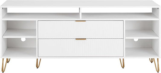 Manhattan Comfort Dumbo Mid Century Modern TV Stand for Televisions up to 60 Inches, Home Entertainment Center with Storage, 6 Shelves, 2 Drawers, No Tool Assembly, 63" Wide, White