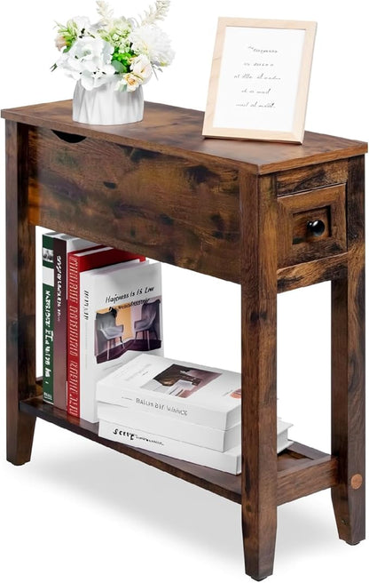 Chairside Table with Charger,Cherry End Table with Movable Top and Charging Station, Narrow Side Table with Storage Cabinet and USB, Sofa Table for Living Room Bedroom