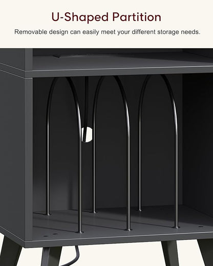 Record Player Stand, 3-Tier Side End Table with Charging Station, Turntable Stand Up to 160 Albums, Vinyl Storage Cabinet Dispaly Shelf for Living Room, Classic Black