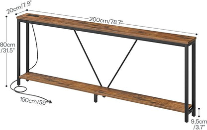 HOOBRO 78.7" Extra Long Sofa Console Table with Charging Station, 2-Tier Behind Couch Table with V-Brace, for Narrow Entryway, Hallway, Living Room, Rustic Brown BF206UXG01
