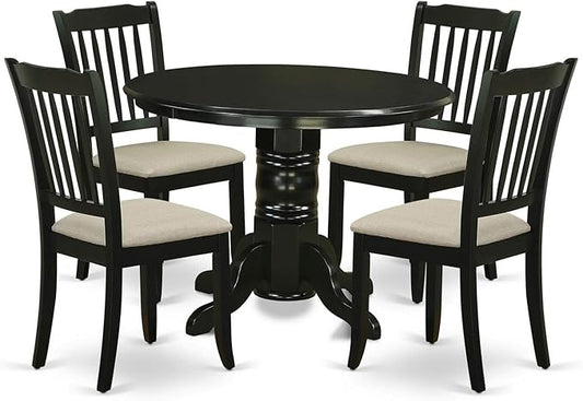East West Furniture SHDA5-BLK-C 5 Piece Dinette Set for 4 Includes a Round Kitchen Table with Pedestal and 4 Linen Fabric Kitchen Dining Chairs, 42x42 Inch, Black
