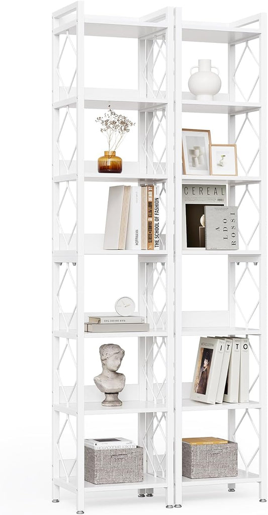 LITTLE TREE Book Shelf Set of 2, 7-Tier Tall Bookcase, Wooden Display Shelves with Metal Frame for Living Room, Modern Narrow Standing Bookshelves for Bedroom, White Office Shelf for Small Spaces