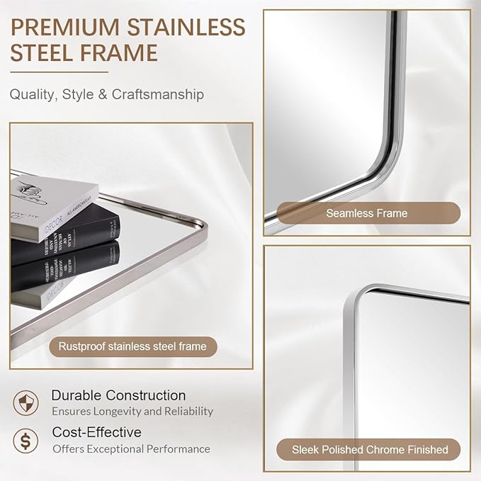 ANDY STAR 48x32 Inch Chrome Bathroom Mirror, Chrome Bathroom Vanity Mirror, Rounded Rectangle Mirror, Anti-Rust SUS304, Seamless Tube Metal Frame, 1’’ Deep Wall Mounted Vertically/Horizontal