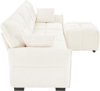 Modern Chenille Fabric 3-Seat Sofa w/Ottoman+2 Pillows, Premium Upholstery Living Room Couch with Tufted Backrest & Comfortable Armrests and High-Resilience Memory Foam Cushions,White