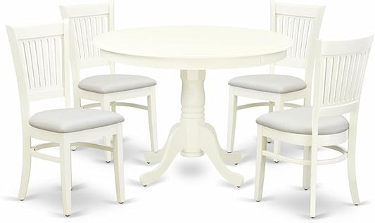 East West Furniture HLVA5-LWH-C 5 Piece Kitchen Table Set for 4 Includes a Round Dining Room Table with Pedestal and 4 Linen Fabric Upholstered Dining Chairs, 42x42 Inch, Linen White