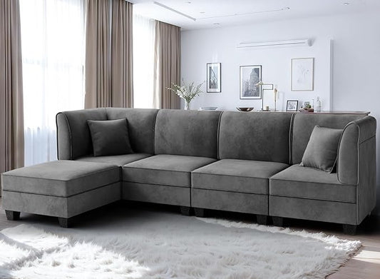 Shintenchi 5 Pieces Sectional Couch Modular Sofa,U Shaped Reversible Chaise Velvet SofaCouch with Cushions,Modular Sectional Sofa with Ottoman for Living Room (Dark Grey)