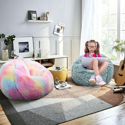 Fluffy Bean Bag Chair for Kids, 2.5FT Round Memory Foam Filled Bean Bag for Teens & Kids, Ultra Soft Faux Fur Fabric Bean Bag Chairs for Playroom, Living Room, Bedroom, Dark Green