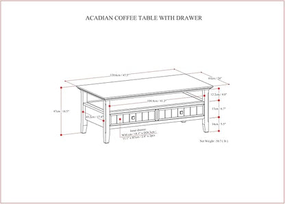 SIMPLIHOME Acadian Coffee Table - 48 inch Wide Solid Wood Transitional Cocktail Table with 2 Drawers in Brunette Brown, Classic Living Room Table with Storage Shelf and Tapered Legs
