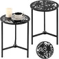 2 Packs 13" Metal Outdoor Side Tables Small Black Outside End Table for Patio Round Accent Corner Stand for Small Spaces Weather-Resistant Coffee Table for Balcony Porch Plant Stand, Monstera Leaf