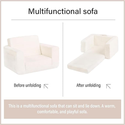Welnow Toddler Chair, 2-in-1 Soft Sherpa Kids Sofa, Convertible Toddler Couch Lounger, Flip Out Kids Couch Chair with Side Pockets & Removable Cover for Girls and Boys, Beige
