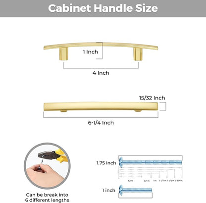 5 Pack Cabinet Handles 4" Hole Center - Curved Cabinet Pulls Brushed Brass Drawer Pulls for Kitchen Cupboard Solid Handles for Dresser Drawer Arch Closet Hardware