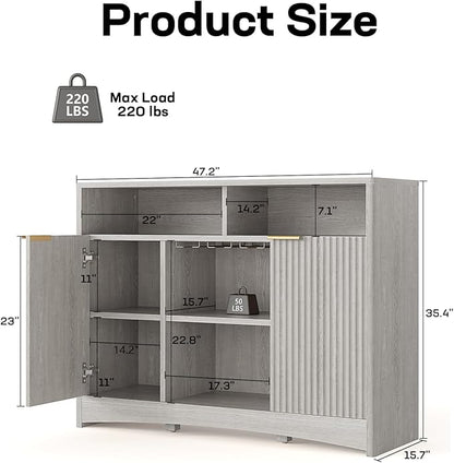Marsail 47.2" Bar Cabinets with Storage, Modern Buffet Cabinet, Large Sideboard with 2 Fluted Panel Doors, Coffee Bar Cabinet with Adjustable Shelf and Glass Rack for Kitchen, Living Room, Grey