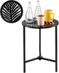 1 Packs 13" Metal Outdoor Side Tables Small Black Outside End Table for Patio Round Accent Corner Stand for Small Spaces Weather-Resistant Coffee Table for Balcony Porch Plant Stand, Leaf