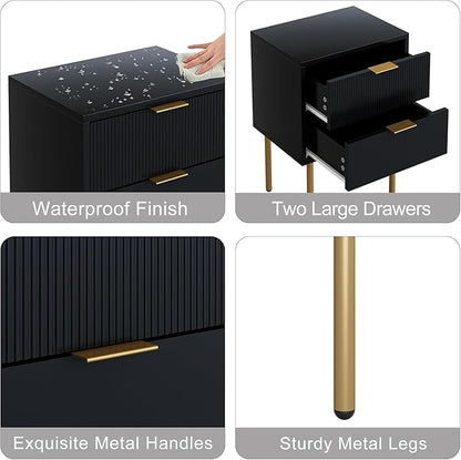 Nightstand,Small Bedside Table with Gold Frame,Morden Night Stand with 2 Drawer,End Table,Side Table with Drawer and Shelf for Bedroom,Living Room, Black