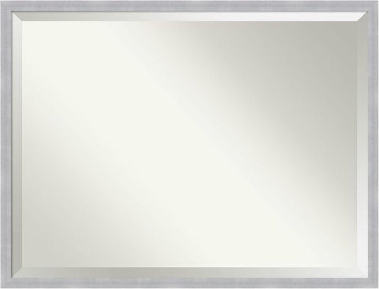Amanti Art Silver Bathroom Mirror for Over Sink, 32x42 Grace Brushed Nickel Narrow Rectangle Vanity Mirror, X-Large Modern Frame, Hangs Horizonally and Vertically, Bathroom Wall Decor, Beveled Edge