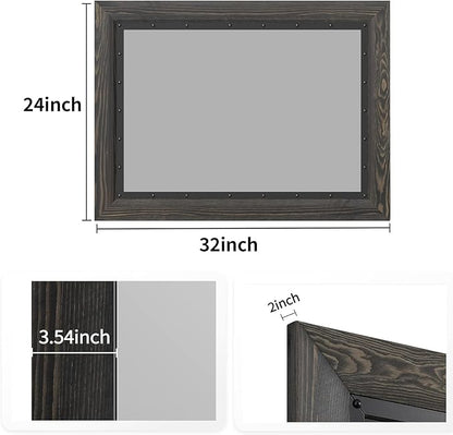 YOSHOOT Rustic Wooden Framed Wall Mirror, 32x24 Inch, Natural Wood and Iron Bathroom Vanity Mirror for Farmhouse Decor, Vertical or Horizontal Hanging