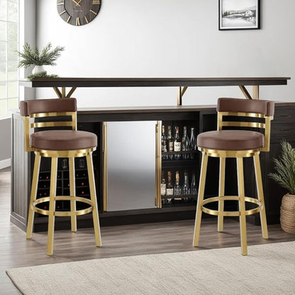 Armen Living Madrid 30" Seat Height Swivel Modern Vintage Coffee Faux Leather and Gold Brushed Stainless Steel Bar Stool for Kitchen Island Counter