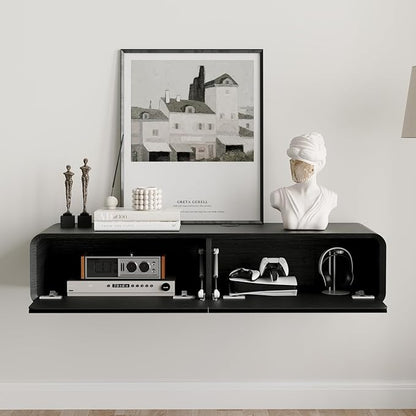 POVISON Fully-Assembled Minimalist Floating TV Stand, Modern Wall-Mounted Entertainment Center with 2 Flip-Down Cabinet Doors, Solid Wood Media Console, Black, 47.24"