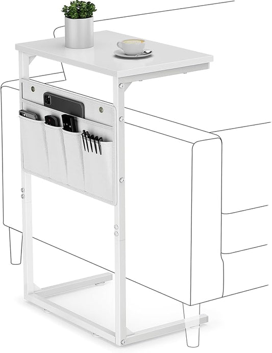 Vagusicc C Shaped End Table, 28'' Tall Side Table for Couch Recliner, Small Couch Side Table, Tall Couch Desk Slide Under Sofa Table TV Tray Arm Tables with Metal Frame for Living Room, Bedroom, White