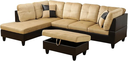 L Shaped Couch Modern Sectional Couch Upholstered Lint Fabric 3 Pieces Sofas for Living Room with Chaise, Storage Ottoman for Office and Small Apartment, Beige and Brown