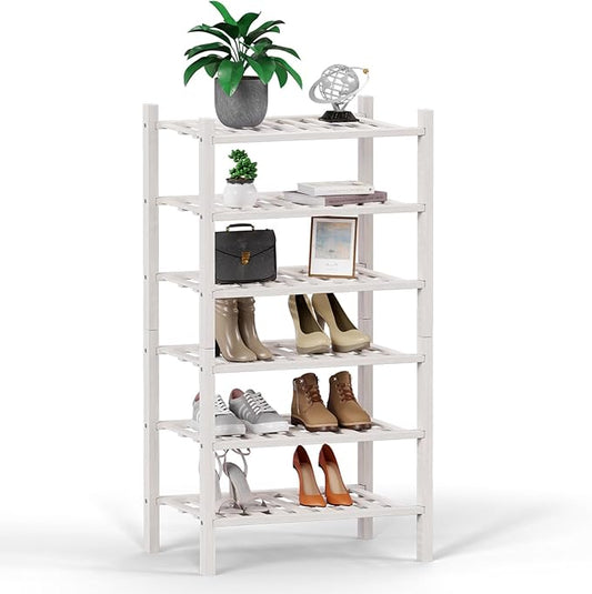 Haddockway small 6 Tier Bamboo Shoe Rack Storage Organizer, Multifunctional Free Standing Stackable Shoe Shelf with Grid Panel for Closet,Hallway,Entryway,Small Space 18"x11"x34"(White, 6-Tier(Small))