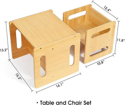 Kids Table and Chair Set, Montessori Weaning Table and Chair,Natural Bamboo Small Desk Chair,Toddler Activity Table and Chair Set for 1-3 Year Old Kids Dinner,Reading,Playing Toys, CPC Certified