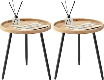 LITA 2 Pcs Round Side End Table, Nightstand Tables, Log Desktop, Wooden Tray Table with Black Metal Stand End Table for Living Room Bedroom Office Small Spaces (M)