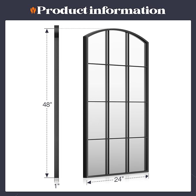 Arched Window Mirror, 24" x 48" Black Window Mirrors for Wall, Tall Farmhouse Grid Mirror for Living Room Bedroom Dining Room Fireplace Hallway Mantle Entryway