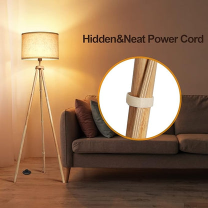 OUTON Tripod Floor Lamp, Floor Lamp with Remote Control, 4 Color Temperature, Modern Dimmable Tall Standing Lamp with Beige Linen Texture Shade for Living Room, Bedroom, Office (Nature Wood)