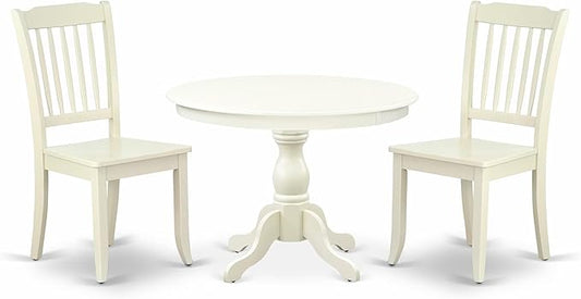 East West Furniture HBDA3-LWH-W 3 Piece Modern Dining Table Set Contains a Round Wooden Table with Pedestal and 2 Dining Chairs, 42x42 Inch, Linen White