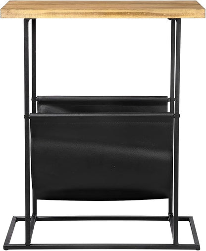 MyGift 21-Inch Modern Narrow Living Room End Table with Solid Burnt Wood Tabletop and Black Metal Frame, Bedroom Nightstand Side Table with Magazine Holder Sling